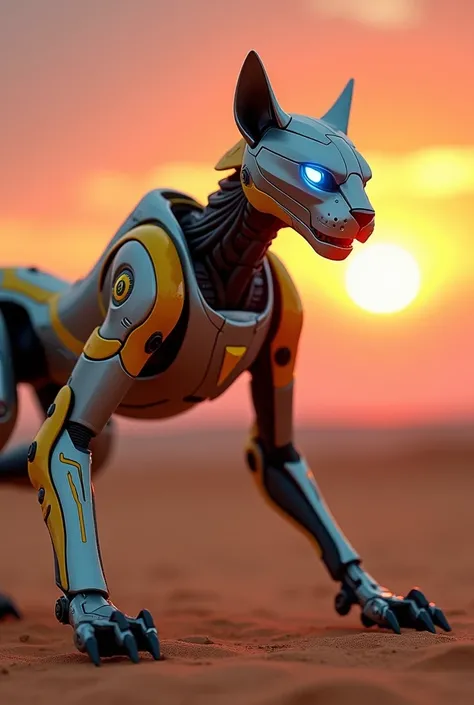 This photo is clicked using Blackmagic Design URSA Cine 12K LF Digital Film CameraA stylized robot with a sleek, aerodynamic build, featuring metallic armor in shades of silver and yellow. The head resembles that of a cheetah, with sharp contours and glowi...