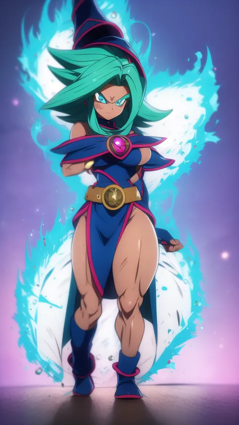 dbsuper style, 
girl, green aura, super saiyan aura, belt, ocean-green colored hair, huge hair, bruise, bruise on face, clenched...