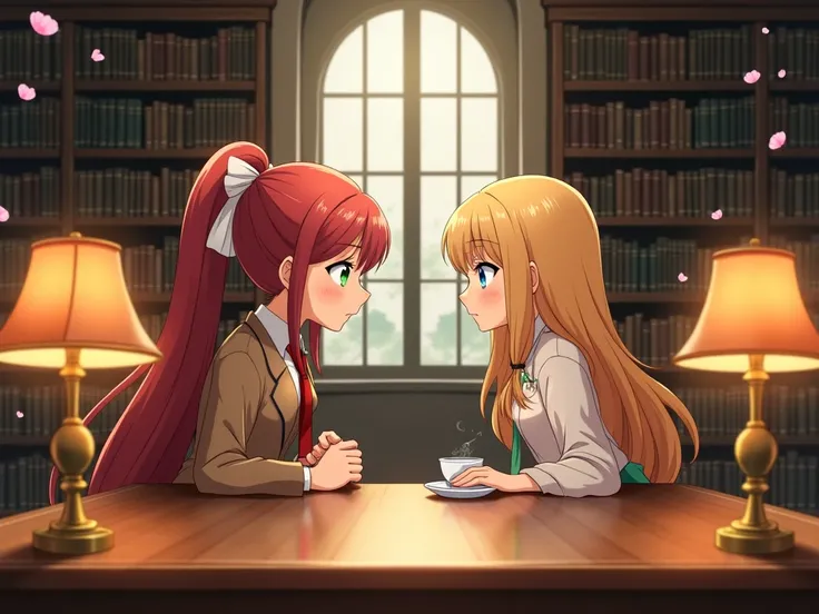 A serene library with towering bookshelves and warm golden light from antique desk lamps. At a polished wooden table in the center, two young women sit facing each other. Monika, from Doki Doki Literature Club, has long auburn hair tied in a high ponytail ...