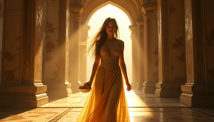 "An ancient palace interior with golden sunlight streaming through tall arched windows, creating dramatic contrasts of light and shadow. A young woman, with long flowing hair and a richly embroidered golden dress, walks gracefully while holding a bowl of b...