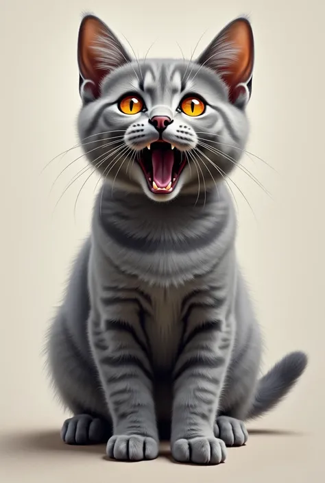  oil painting of a gray cat standing and looking at me、Eyes are orange and yawning 