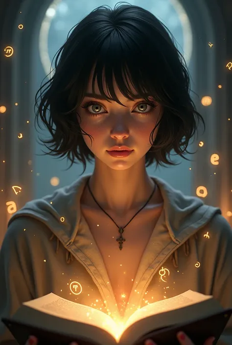 girl of about 23 years old as the central figure of Short and Dark Hair .  bright gray eyes ,  that reflect wisdom and mystery .  The girl holds an open book ,  with light emanating from its pages ,  or being surrounded by bright runes that symbolize ancie...