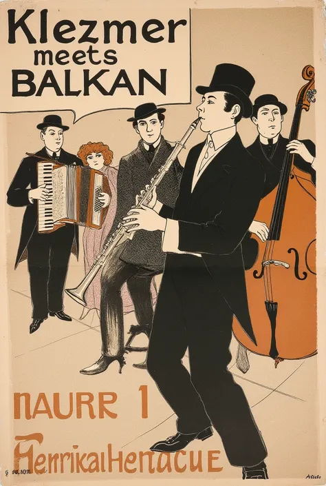 Vintage 1890s poster featuring a live Jewish klezmer band. with sign Klezmer meets BALKAN. Artist Henri de Toulouse-Lautrec captures the essence of the era with his unique, gritty drawing style. The man prominently plays the clarinet while the other musici...