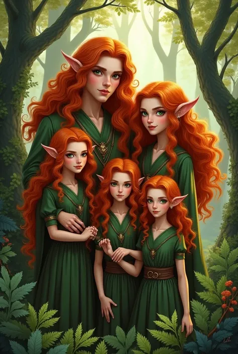  I need the image of a Forest elf family ,  with curly copper hair . a 50-year-old father, a 50-year-old mother ,  a 26-year-old older son ,  a 23-year-old middle daughter and a 20-year-old younger daughter. i.e., 5 people. 