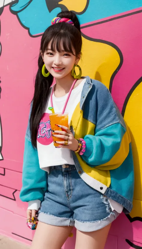 A cheerful and stylish female Korean idol with a casual and pop-inspired fashion style. She is wearing a colorful oversized graphic sweater with playful patterns, paired with high-waisted denim shorts and white platform sneakers. Her hair is styled in a hi...