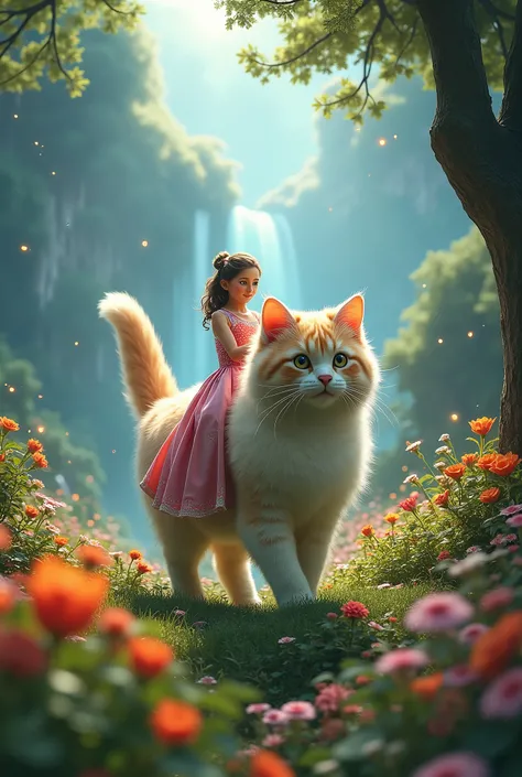 This scene paints a dreamlike and magical picture—a princess gracefully riding a giant kitten through a valley bursting with colorful flowers, shimmering waterfalls, and towering ancient trees. The soft, glowing lights scattered throughout the setting add ...