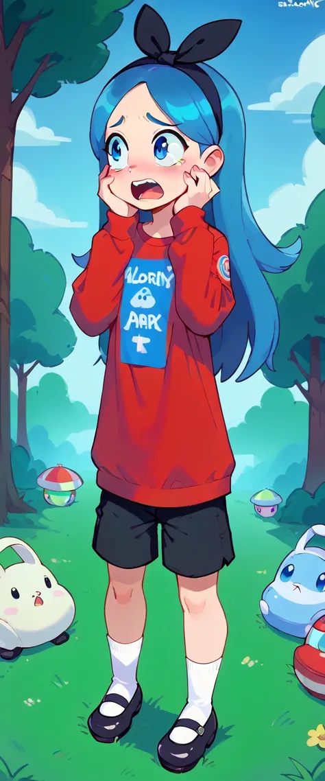 1 Girl, solo, full body, Blue Hair, long hair, blue eyes, Blue with Red Stripped t-shirt, black shorts, hairband, black hairband, white socks, long sleeves, mary janes, black mary janes, Standing On Grass, Legs Open, Hands on Cheek, Scared, Screaming, Scar...