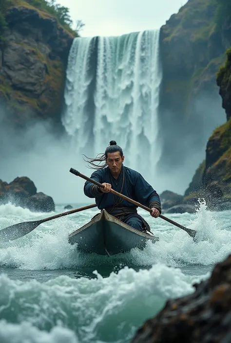 Zhao Lu Si  water canouing the roughest river with waterfall in the background 