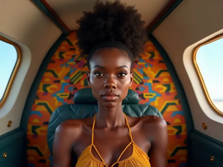 ((( Create the allegorical image in high definition,  showing a black woman in a plane close to ,  in front of a wall decorated with colorful geometric tiles (African-style geometry ).)))