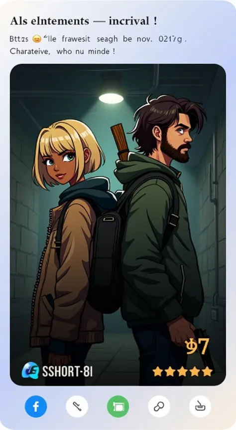 this cartoon style, Two characters BACK TO EACH OTHER. TENSE, AFRAID. each one pointing to one side. Character one : A young black woman, short hair with bangs and blond hair , dark hoodies and brown jacket , holding a CROSSBOW . Character two : a white yo...