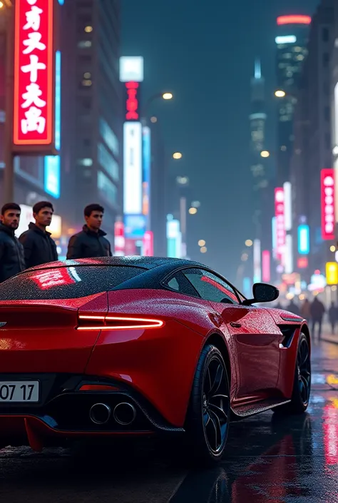 Red aston martin vantage in morco city at night yang men standing next to the car