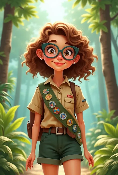 White-skinned woman with light brown curly hair and glasses wearing Boy Scout clothing cartoon