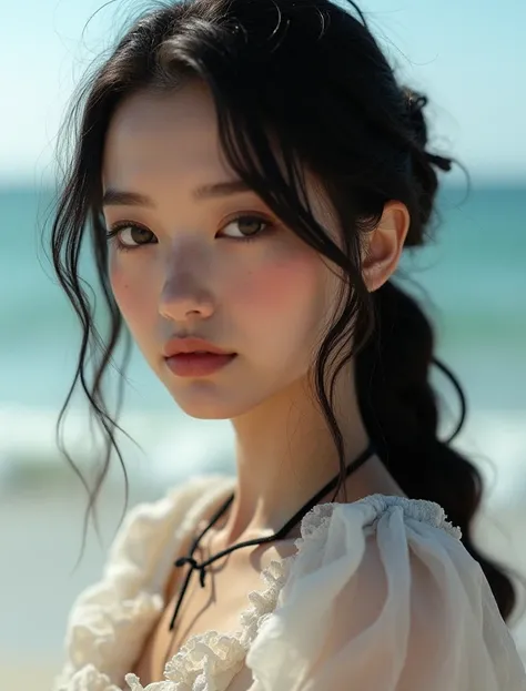 best quality, ultra hi res, photoreaslistic, a photography of a beautiful woman, 25yo teen age, detailed face, black Messy fishtail braid, (detailed porcelain doll,delicate clothes with a lot of frills and ribbons), Beach, (face close up), seductive look, ...