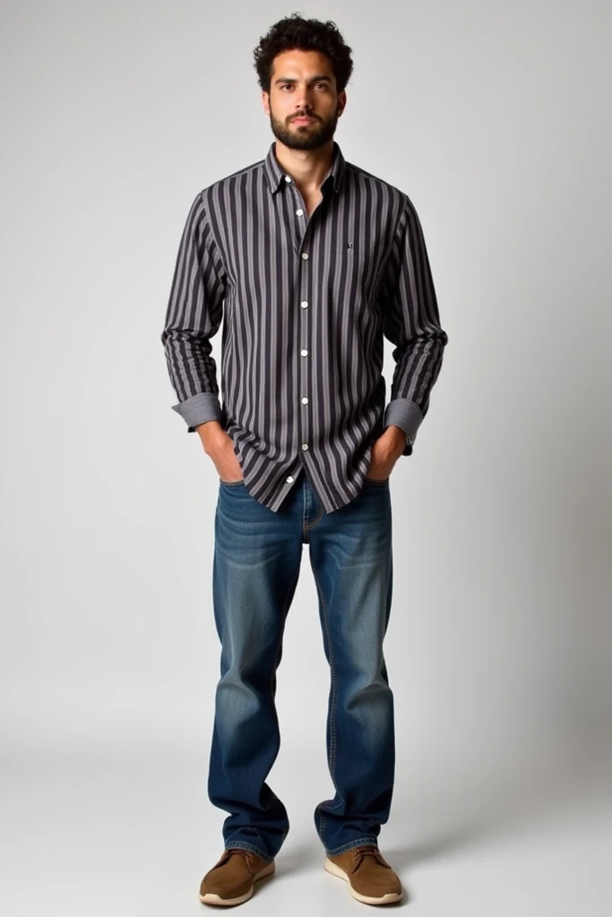 Image Ideas:

A model with a big/tall body type wearing vertical-striped shirts and straight-fit jeans.
