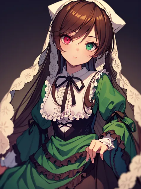 suiseiseki, bonnet,  head scarf,  heterochromia, green dress,   neck ribbon ,  twin drill , ((beastery _ style )),   details,  c...