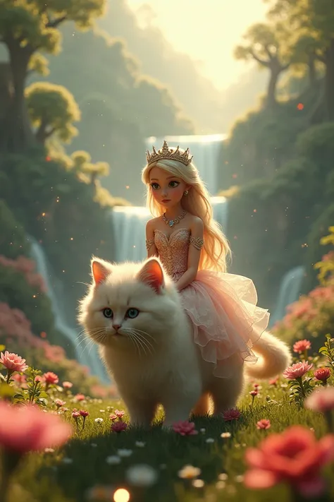 creat image Hd quality, HDR The princess rides a kitten in a valley with beautiful flowers, waterfalls, big trees, and shining lights.