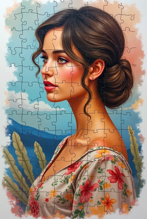 Créé moi un puzzle à laquarelle (image de femme) dont chaque pièce est une image dhomme, de femme ou denfants de couleurs et dâges differents qui misent ensemble créé cette image de femme. 