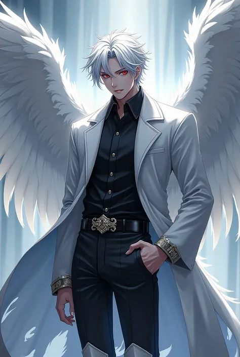 Anime,man,ลายละเอียดhighแต่คงคาวมเป็นAnime,White hair,Red eyes,Is a demon,Has white wings , black shirt, long white coat , pants so little knee-length pants , with white padding almost to the knee ,White skin,high, Mature, about 20 years of age or older ,H...