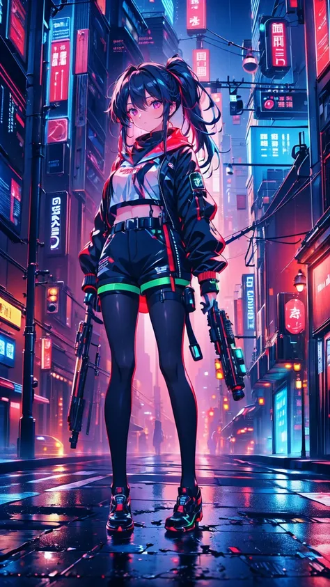 masterpiece,  best quality, Realistic, Scattered beneath the surface, color付き照明, color, red + 黄color + green + Blue limited edition color palette, 詳細な概念shape, Line art, shape,  Cyberpunk,  an 18 year old girl, Fearless,  Robot Companions ,  Urban Armor ,  ...