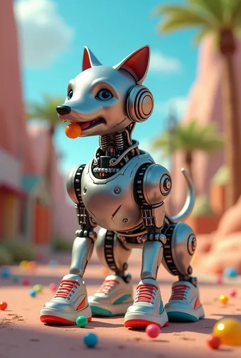 Make a robot dog with sneakers that is pooping gummy balls 