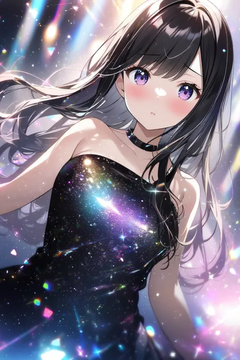  1 girl, Long Hair,  blush,  black hair,  glitter effect , chest,  swimsuit