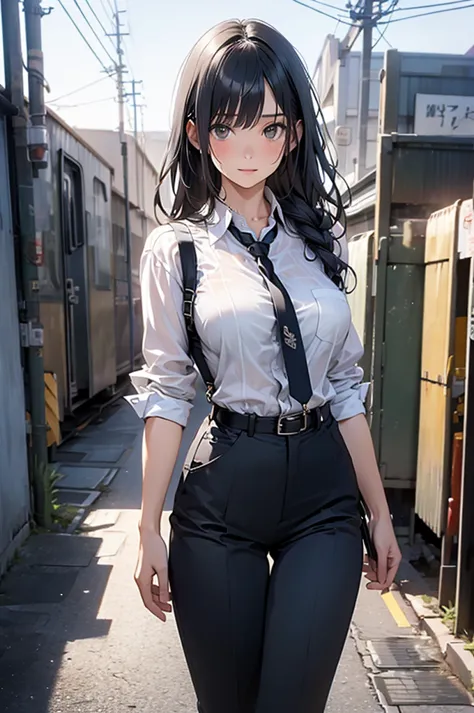 woman in a suit , belt, hands on back,  sweaty,  suspenders,  black pants ,  big breasts , see-through clothing, rain, detective...