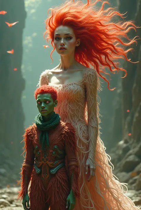 Make me a woman with red hair taller than a man with pink eyes and green skin who wears clothes made with hair and a not very average man
Has green skin with red hair and pink eyes who wears clothes made with meat to dry 
.