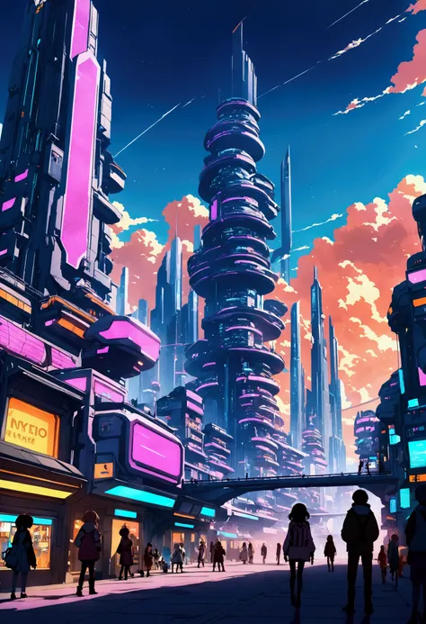 Anime futuristic city, scared civilians 