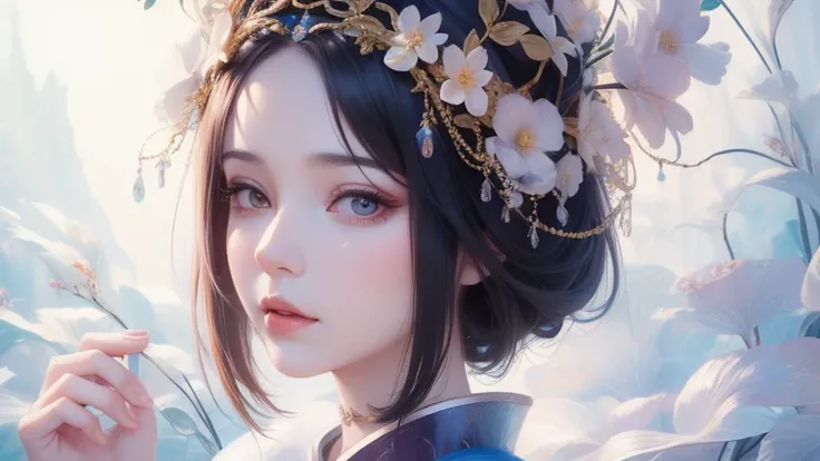 Handheld fan、 Araf woman wearing a wreath, Beautiful digital illustrations,  a beautiful art illustration , Amazing digital illustrations,  beautiful digital art , Inspired by Yin Dourui, Digital illustration style, The Queen of China , Portrait of a geish...