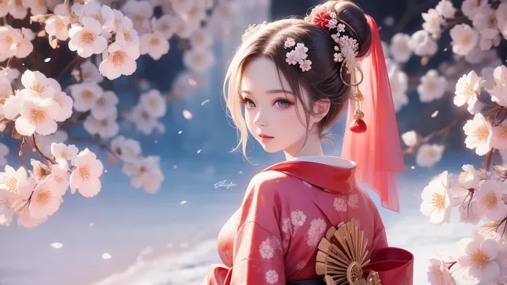 kimono、Cherry blossoms、Hair Bun、Geisha Makeup、 snow in the background 