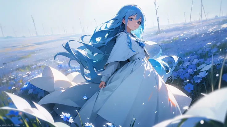 Best Quality, masterpiece,  ultra high resolution  ( photorealistic: 1.4),  RAW Photos,  1 girl,  white dress , coat,  blue flower field in full bloom,   growing skin  ,   Faint smile blue eyes, Blue Hair/Light blue hair,  very long hair,  its snowing, Sta...