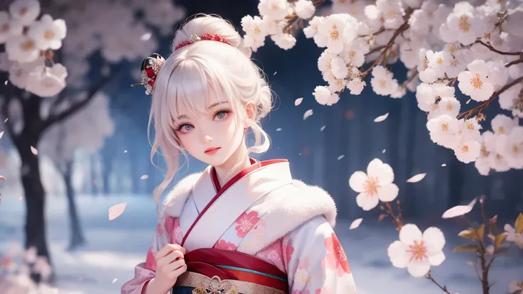 kimono、Cherry blossoms、Hair Bun、Geisha Makeup、 snow in the background 