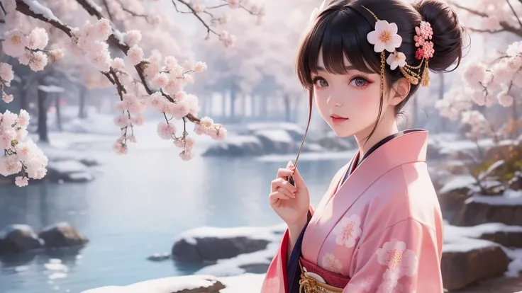 kimono、Cherry blossoms、Hair Bun、Geisha Makeup、 snow in the background 