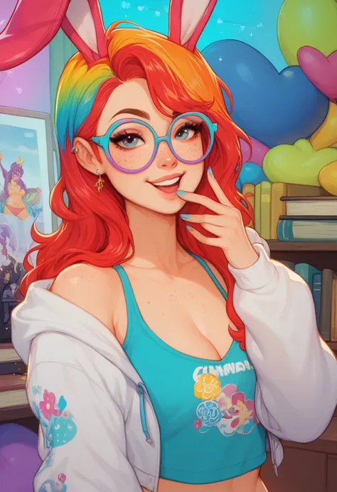 A vibrant, stylized digital character with a youthful and playful appearance. The character features long, straight hair with bright rainbow-colored tips, styled under a white hoodie with large bunny ears. She has glasses with a round frame, a fair complex...