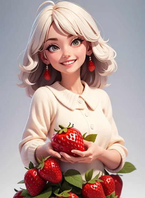 Smiling grandma coming out of a red strawberry.  white background