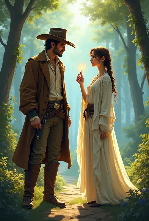 A brown cowboy wearing a firecracker walks next to a pretty magician in light clothes in a magic forest