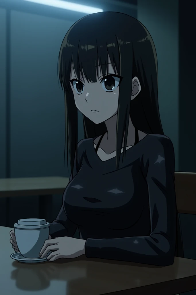 Hunter x hunter screencap $description$ MADHOUSE Studios screencap. female character with black hair, no bangs, no hair on the face, long straight hair. black eyes. slanted, narrow eyes.weak. wearing black tech. She is sitting at a table and her a coffee c...