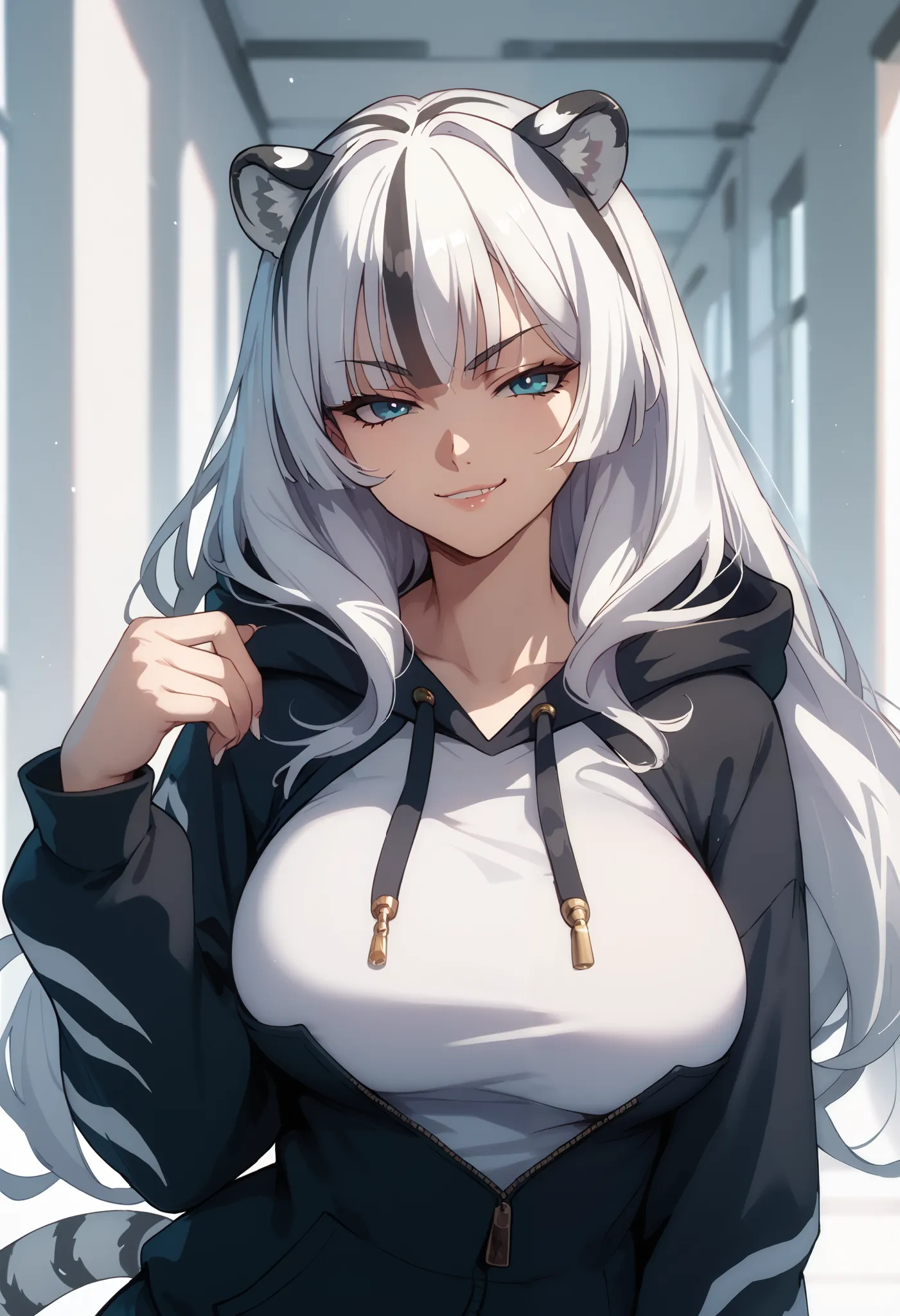 ((masterpiece)), 1girl, solo, long hair, white hair, sly smirk, oversize hoodie, oversize sleeves, cruel, sadistic smirk, lookin...