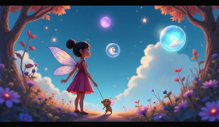 Melis and the fairy ,  travel together to find lost tales .  Magical objects around them ,  shining stars and fantasy bubbles rising into the sky, Draw realistic in animation style .