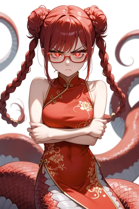 1girl,annoyed,best quality,ultra detailed,(red glasses),red hair,red eyes,slit pupil,double bun,long twintails,twin braids,Qipao,cheongsam,beautiful face,20 years old,glaring,cold gaze,angry,
devil eyes,glowing eyes,fold arms,(lamia),monster girl,anime,rat...