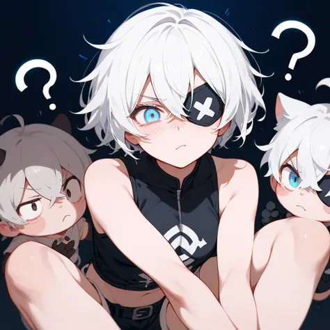  ,White hair, short hair, bob , eyes patch, in blue eyes, Medium Chest,Dark circles under the eyes,cute,Wearing black gloves ,Black sleeveless shirt, shorts,Make a suspicious face?,Indifferent face,Shy,Dark circles under the eyes