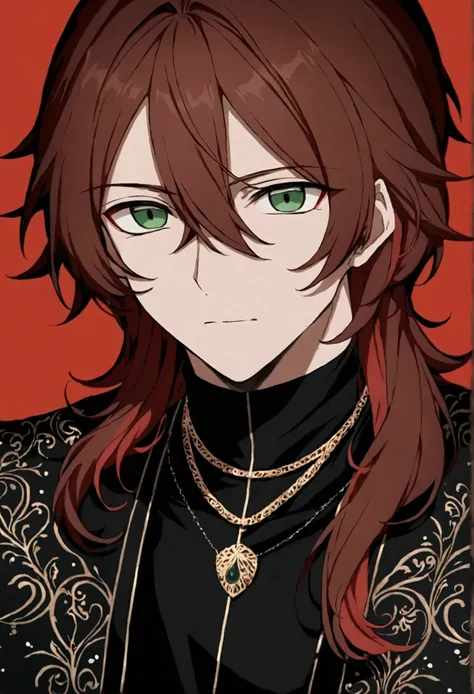 Anime guy, Red long medium hair with Green eyes, Cold looking, Black clothes with covered neck, Golden necklace 