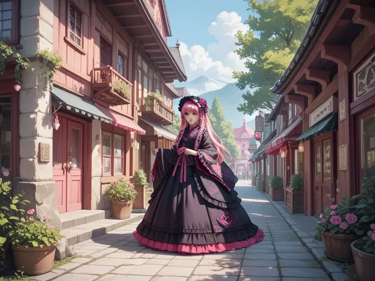 ((( best quality, Very detailed,masterpiece, Very detailed))), Kimono Pink ( Gothic Lolita :1.2), Emerald Eyes ,Alone,Around town,Daily Clippings, full shot ,(( wide shot)),