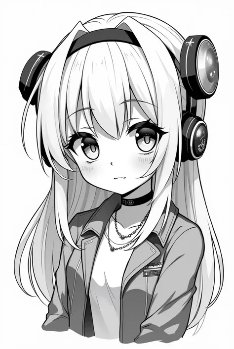 Chibi anime cyberpunk girl bust black and white line art
