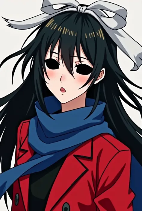 animation of womens long black hair with wide white ribbon in their hair black lenses red jacket rum blue scarf around the neck