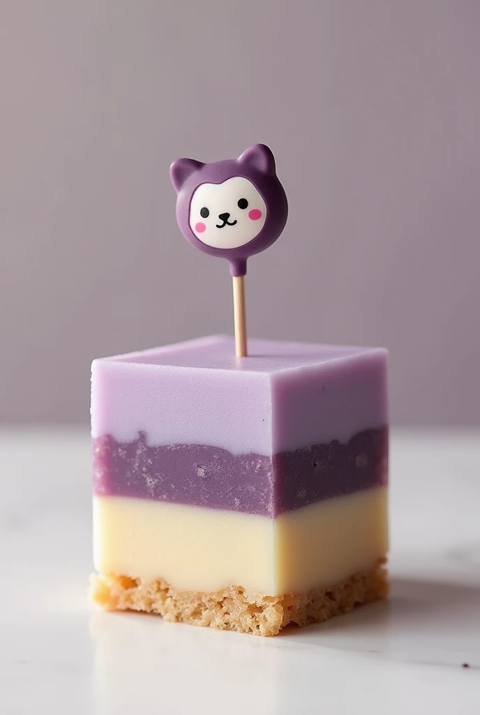  Elegant Square graham bar with a toothpick in top of it. 

With a filling of different flavor ube cookies and cream pandan
A labubu head sticker that attach in toothpick