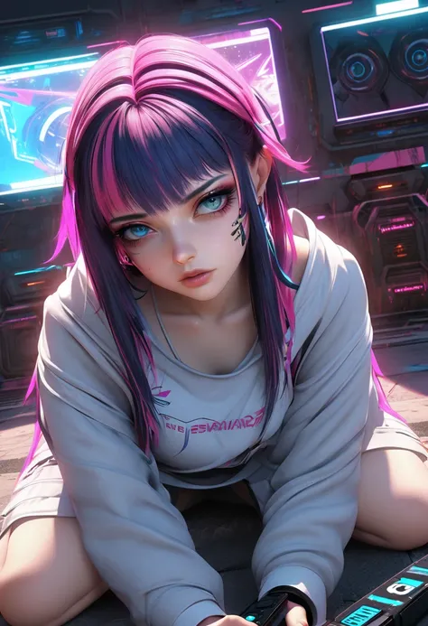 Arab woman sitting on the ground holding a remote control, artwork in the style of Gwaiz, Anime Style 4k,  trending at cgstation ,  cyberpunk anime girl , Gwaiz, e - Girl, egirl,  realistic anime art style ,  realistic art style ,  digital cyberpunk anime ...