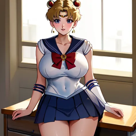   sailor moon costume ,  miniskirt,  Beautiful Women,  sexy body on the desk,  Big Breasts .