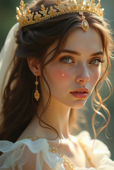 HD quality, Ultra 4K,  Super Detailed,  masterpiece, illuminated realistic , goddess, detailed drawing, soft style, young woman,  very long brown hair ,  very detailed hair ,  detailed skin ,  white skin , grey eyes, detailed eyes,  eyes with stars ,  fals...