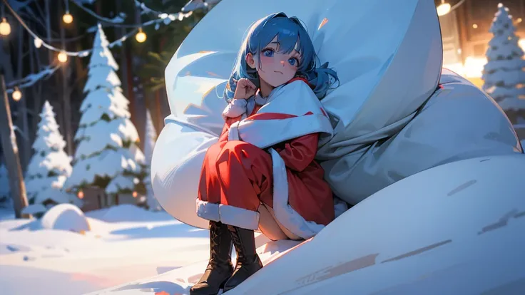 Best Quality, masterpiece,  ultra high resolution  ( photorealistic: 1.4),  RAW Photos,  1 girl,   Christmas ,  snow is piling up ,   growing skin  ,   faint smile ,   blue eyes, Blue Hair/Light blue hair,  background blur ,  movie light effect, Ultra Wide...